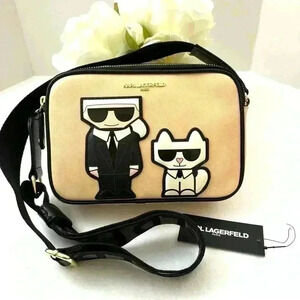 NWT Karl Lagerfeld Beige & Black Maybelle Duo Camera Structured Crossbody Bag